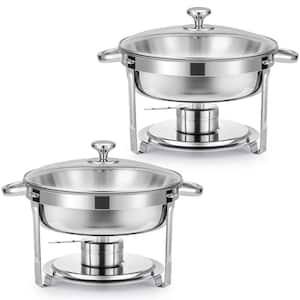 2 Pack 6 qt Stainless Steel Round Chafing Dishes Buffet Set with Glass Lid & Lid Holder