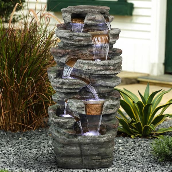 Watnature Resin Outdoor Garden Water Fountain - 48in. Tall 7-Tier Large Outdoor Fountain with LED Light for Patio, Garden, Lawn