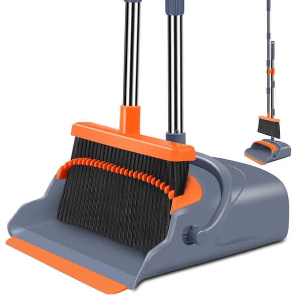 38.18 in. Upgrade Broom and Dustpan Set, Large Size and with Long Handle for Indoor Outdoor, Gray & Orange