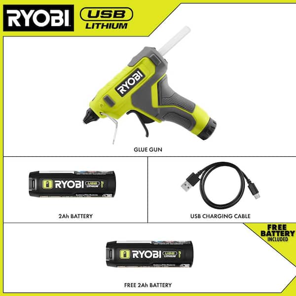 USB Lithium Cordless Glue Gun Kit with 2Ah Battery, Charging Cable, Glue Sticks (3-Piece), and Extra 2Ah Battery