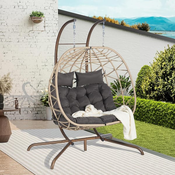 Unbranded 2-Person Outdoor Brown Wicker Porch Swing Egg Chair with Stand and Gray Cushion