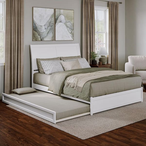 AFI Andorra White Solid Wood Frame Queen Platform Bed with Panel Footboard and Twin XL Trundle