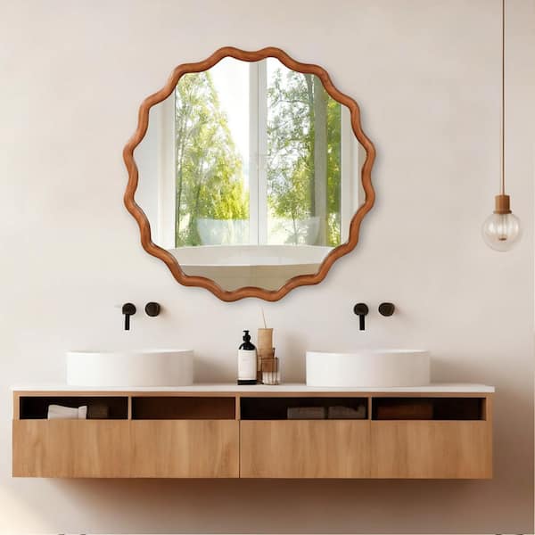 Yellow Brown 36 in. W x 36 in. H Wavy Round Solid Wood Framed Mirror for Bathroom Vanity Living Room Entryway Decor