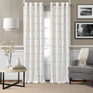Kaiden Light Gold Geometric Poly-Linen 52(in)X84(in) Grommet Top Blackout Curtain Panel