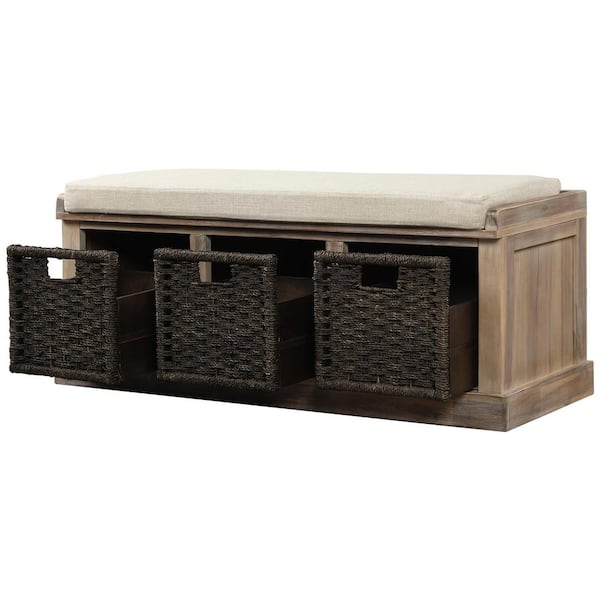 43.7 in. Rustic Entryway Storage Bench with 3-Removable Classic Rattan Basket, Removable Cushion - White Washed