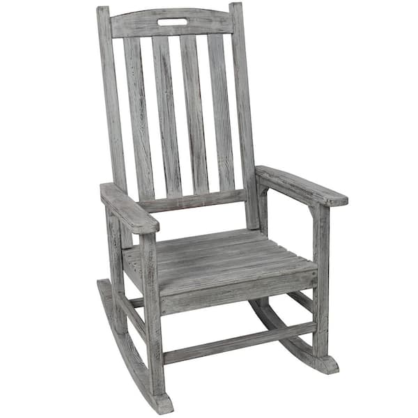 Wood Outdoor Rocking Chair, High Back Smooth Oversized Porch Rocker Chair With Wide Seat&Tall Backrest in Light Gray