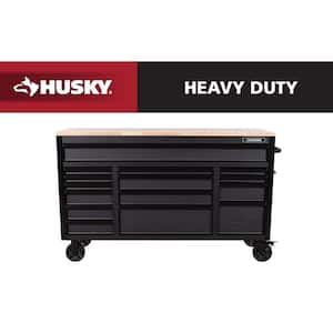 Heavy Duty 61 in. W x 22 in. D 15-Drawer Matte Black Mobile Workbench Cabinet with Solid Wood Top