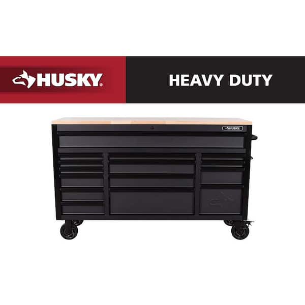 Heavy-Duty 61 in. W x 23 in. D 15-Drawer Matte Black Mobile Workbench Cabinet with Solid Wood Top