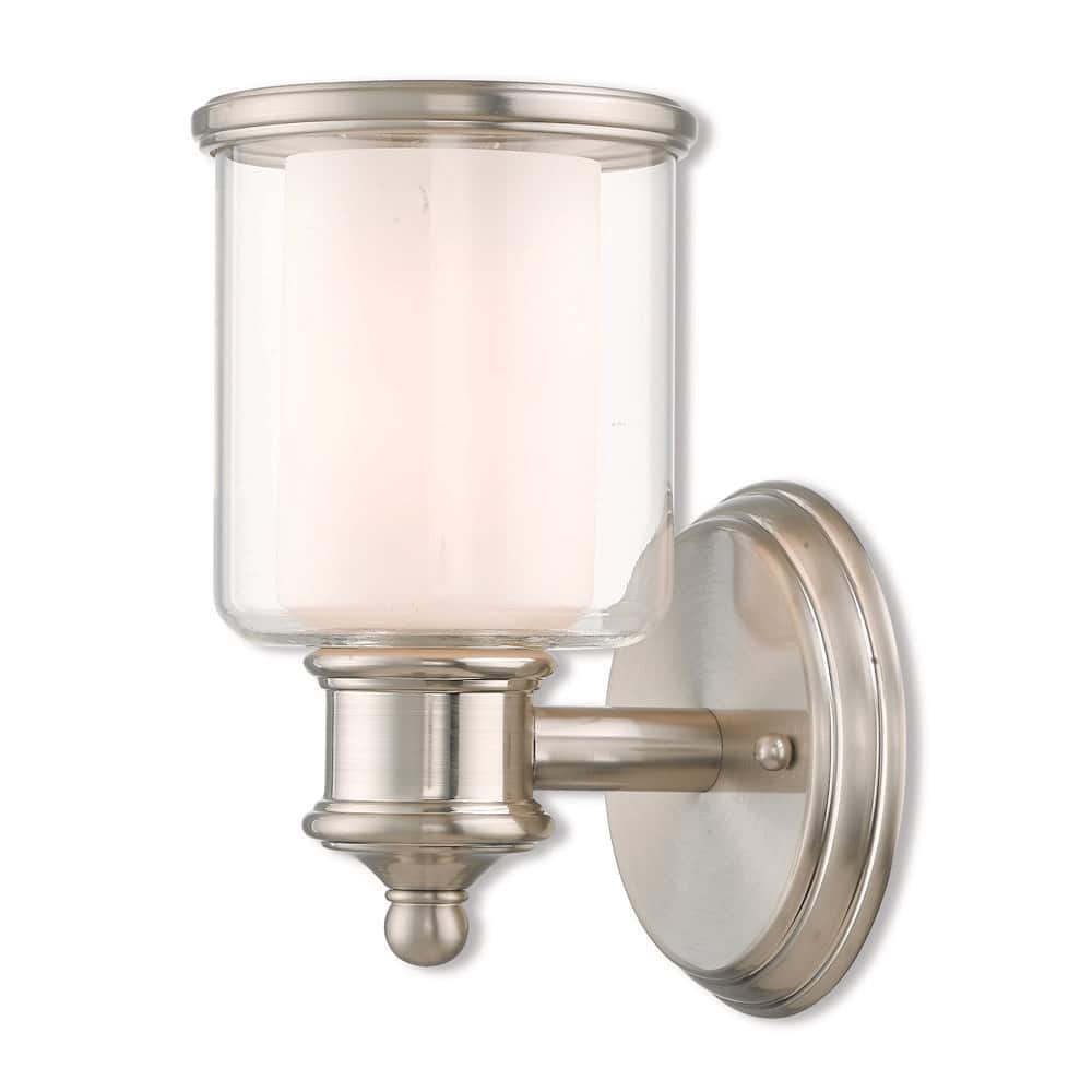 Bellington 5.5 in. 1-Light Brushed Nickel Wall Sconce with Clear Outer Glass and Satin Opal Inner Glass price history on PriceWatchPro