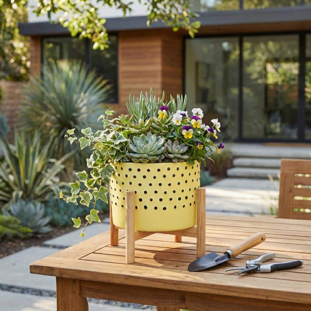 Liv & Skye 8 in. x 9 in. Yellow Ceramic Round Dotted Decorative Pot with Wood Stand
