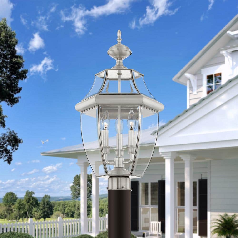 Monterey Brushed Nickel 3-Light Outdoor Post Lantern with Clear Beveled Glass
