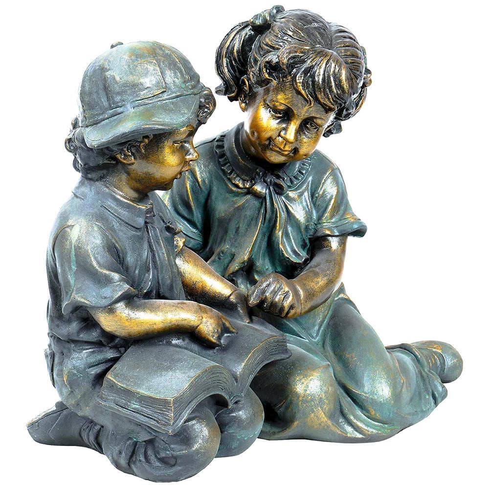 Antique Bronze Boy and Girl Reading Garden Statue Set