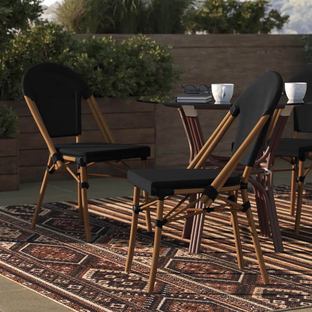 Black and Natural Armless Stacking Bistro Chairs with Metal Frame, Set of 2