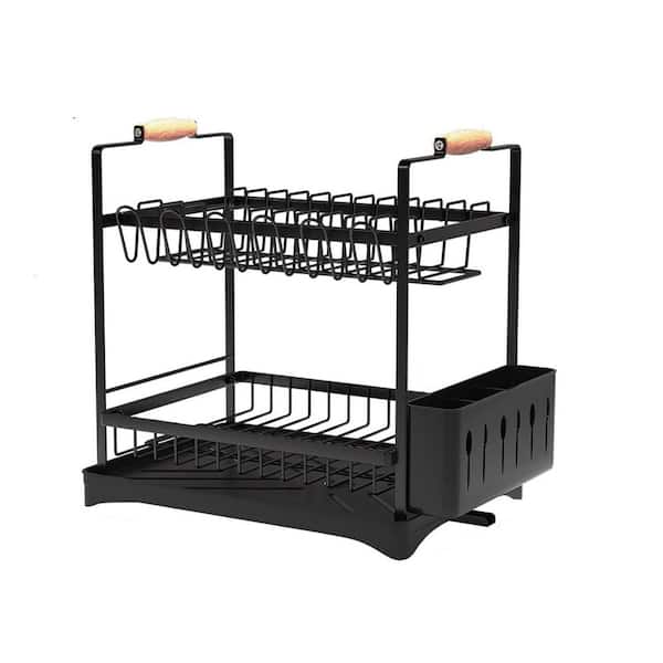 Black 2-Tier Dish Drying Rack w/ Drainboard & Cutlery Holder for Kitchen Counter,16.54 in. D x 11.81 in. W x 17.71 in. H