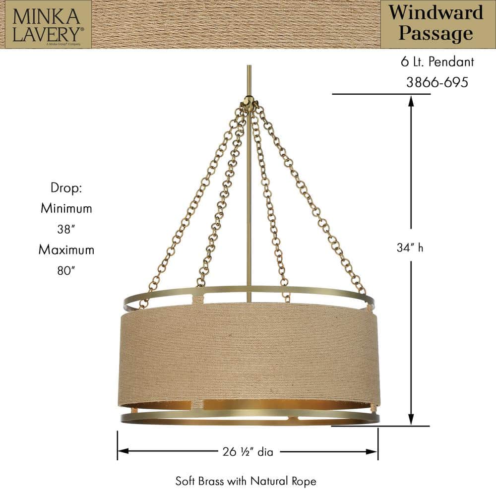 Windward Passage Soft Brass 6-Light Drum Pendant with Natural Rope Shade