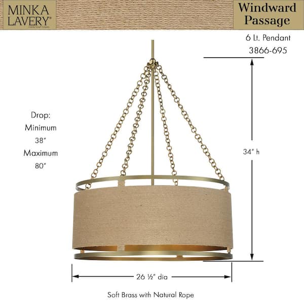Minka Lavery - Windward Passage 6-Light Soft Brass Drum Pendant with Natural Brown Rope Shade