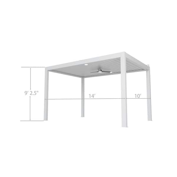 10 ft. x 14 ft. Ivory Aluminum Patio Pergola with Built-In Solar Panel, Ceiling Fan and Round LED Light