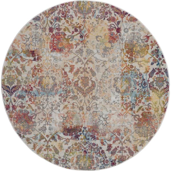 Global Vintage Ivory/Orange 4 ft. x 4 ft. Oriental Transitional Round Area Rug