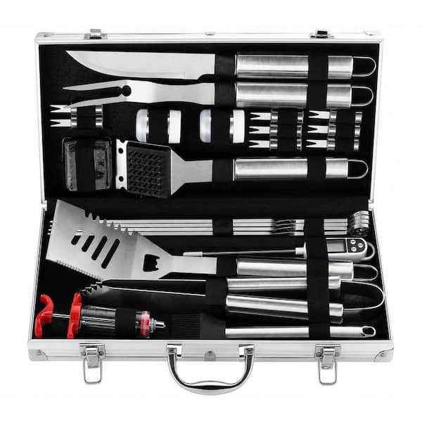 24 Piece Stainless Steel BBQ Grill Tools Set with Aluminum Finish Case, Meat Thermometer, Injector, Spatula, Tongs