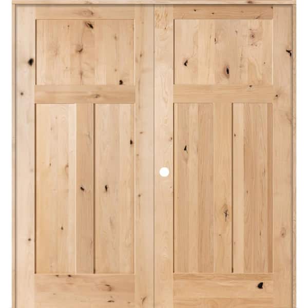 Krosswood Doors 48 in. x 80 in. Rustic Knotty Alder 3-Panel Right Handed Solid Core Wood Double Prehung Interior French Door