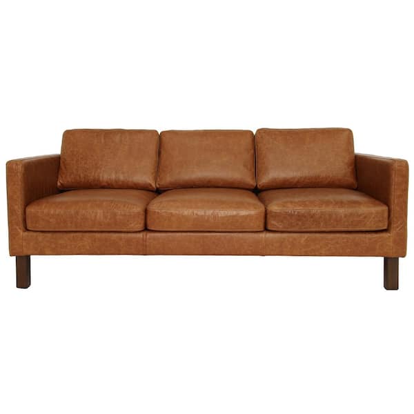Ashcroft Furniture Co Eldoria 83 in. Genuine Leather Square Arm Mid-Century Modern Sofa in Cognac