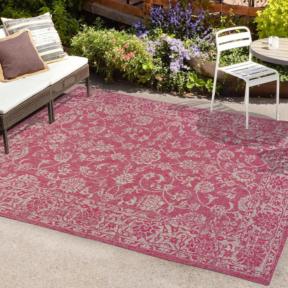 9' x 12' Fuchsia and Light Gray Floral Synthetic Area Rug
