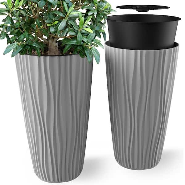 JANSKA 14 in. x 24 in. Toscana, Indoor/Outdoor Planter with Built-In Drainage, M-Resin, Large, Light Grey (2-Piece)