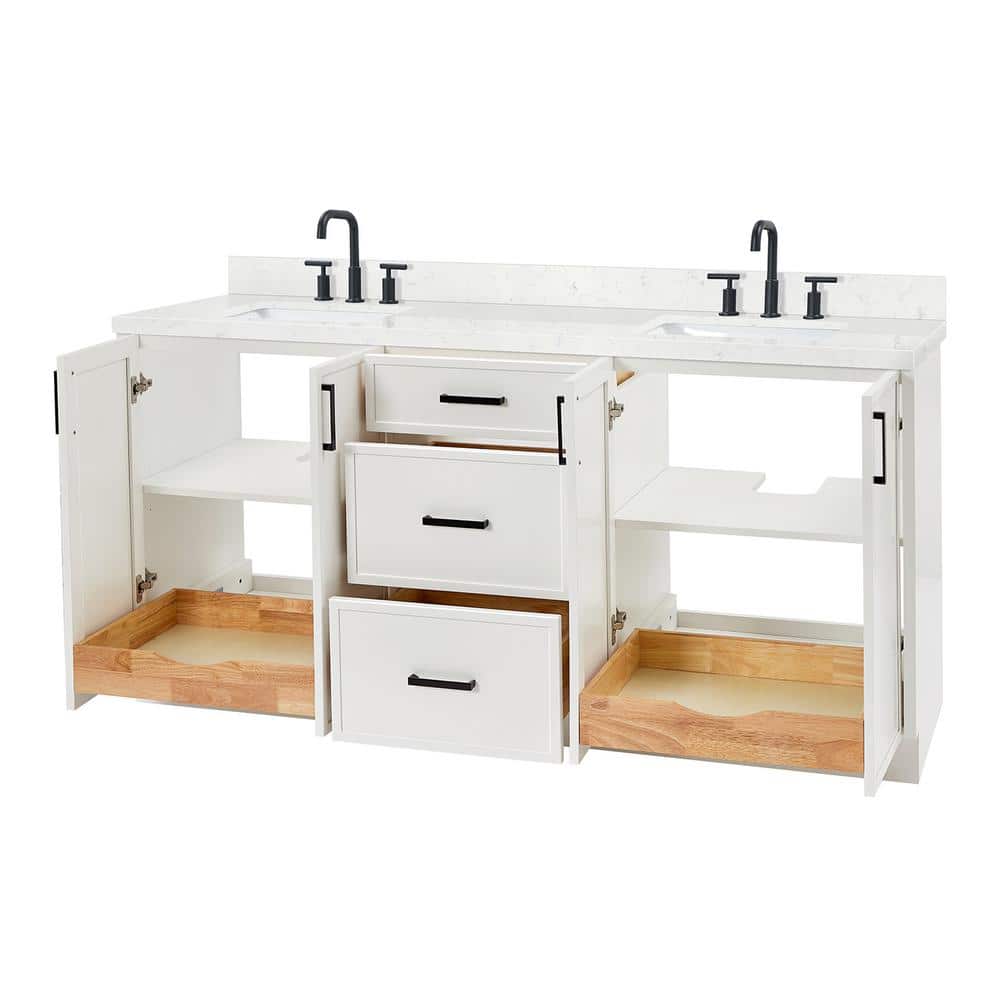 White Solid Wood Double Sink Bathroom Vanity with Carrara Quartz Top