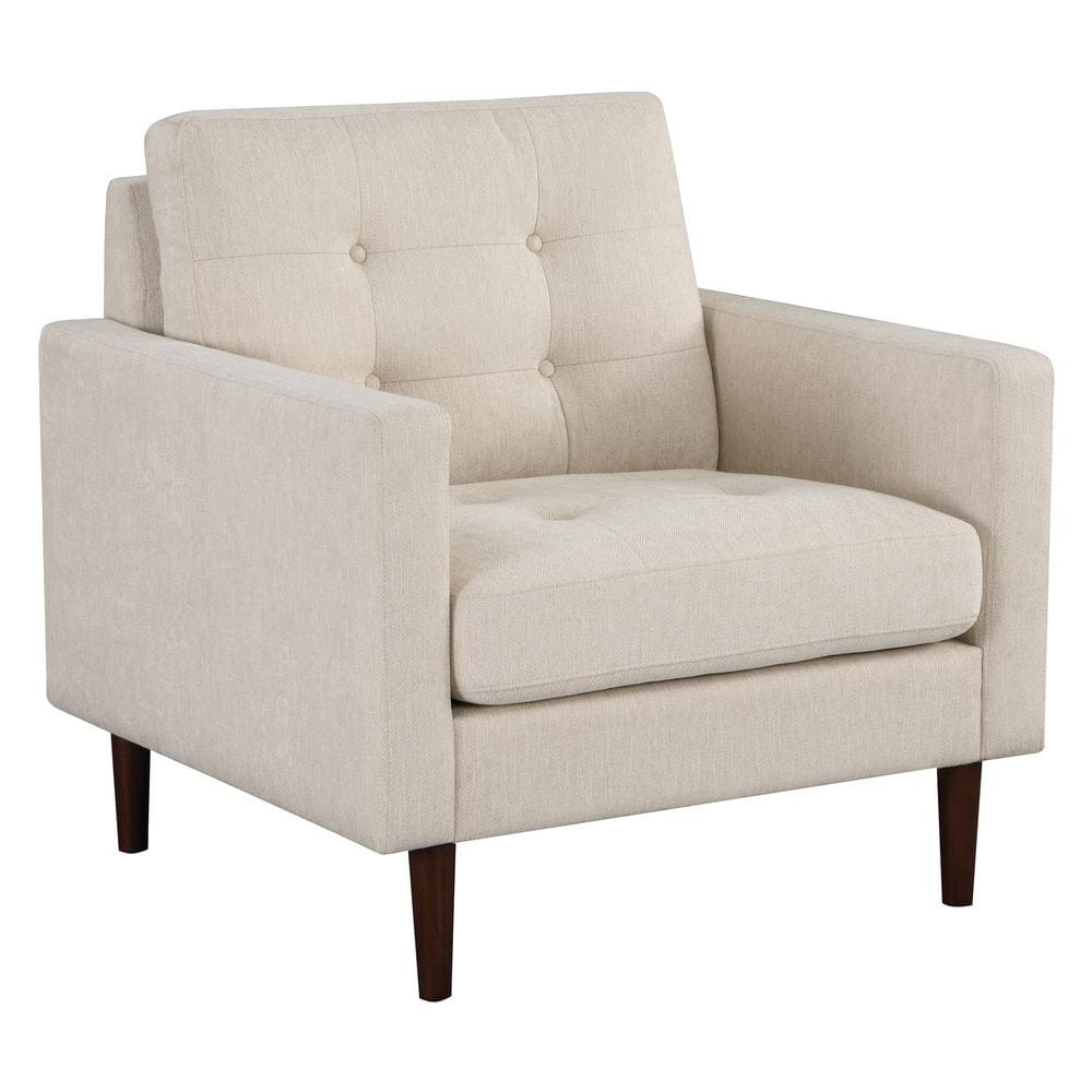 Cream Mid-Century Modern Wood Accent Chair