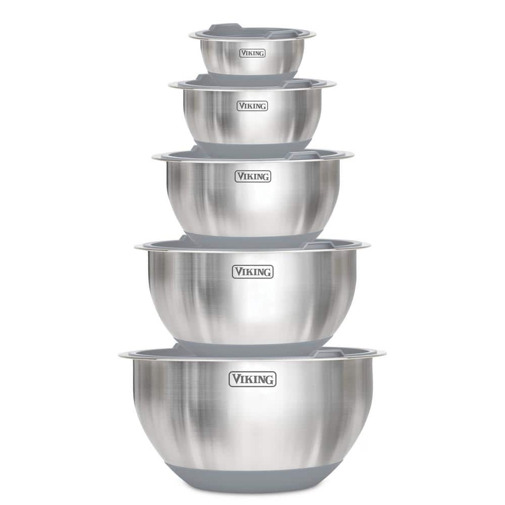 Viking 10-Piece Stainless Steel Mixing Bowl Set with Gray Lids