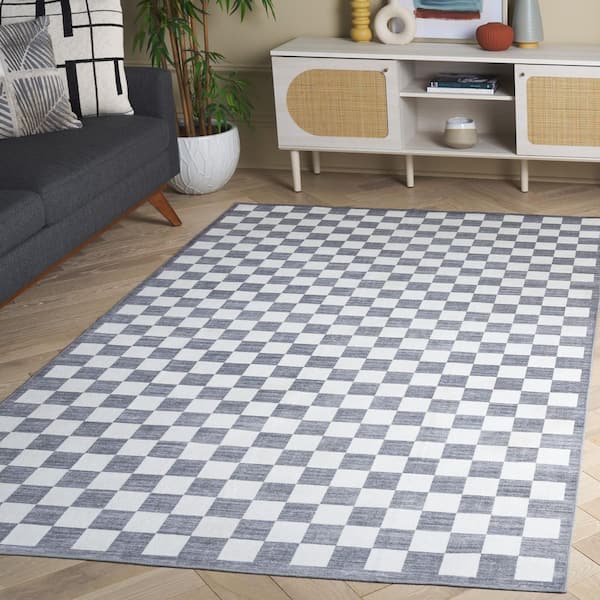 Santa Clara 4 ft. x 6 ft. Ivory/Gray Check Washable Area Rug