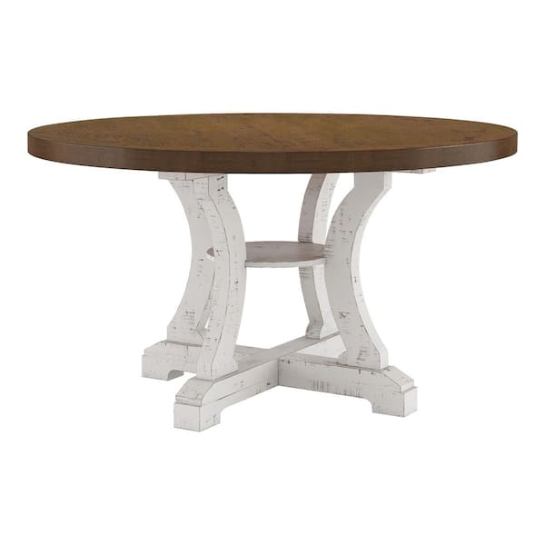 Wicks 54 in. Distressed White and Dark Oak Wood Round Dining Table