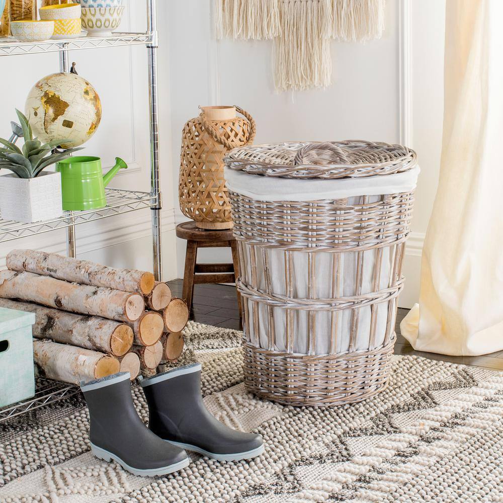 White-Washed Kubu Upright Hamper with Lid