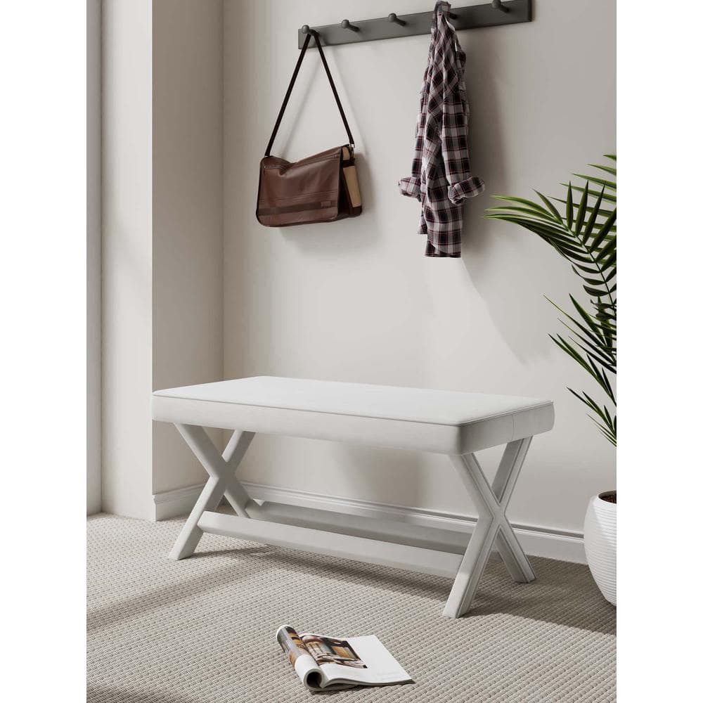 Abigail Cream Velvet Upholstered Double Ottoman with X-Crossed Legs