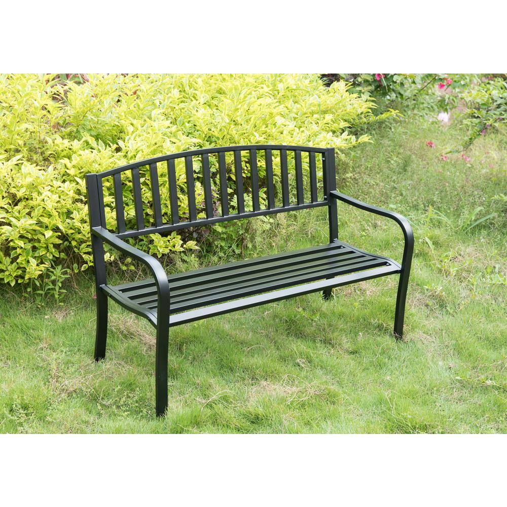 Black Steel Garden Bench with Cast Iron Frame, 52"