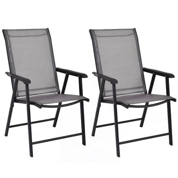 Clihome Iron Outdoor Dining Chair Patio Folding Chair in Gray with Ergonomic Armrests (Set of 2)