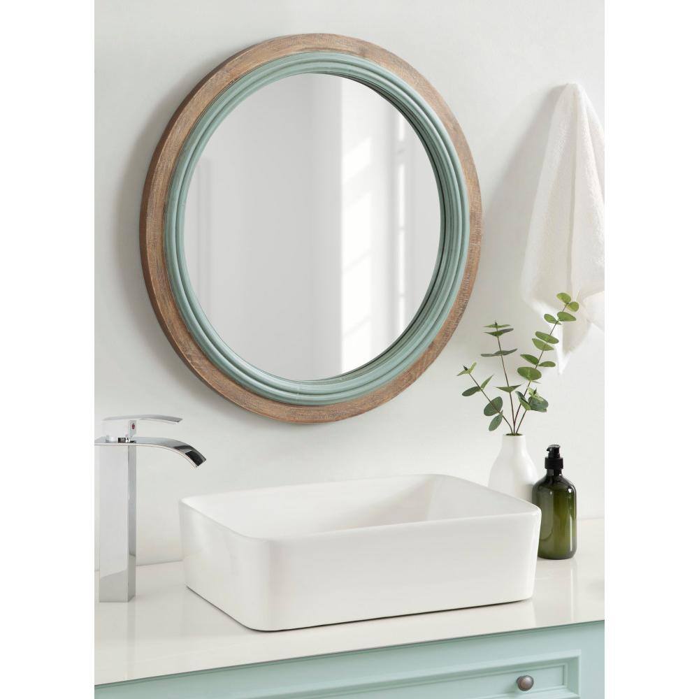 Rustic Blue and Brown Round Wood Bathroom Vanity Mirror