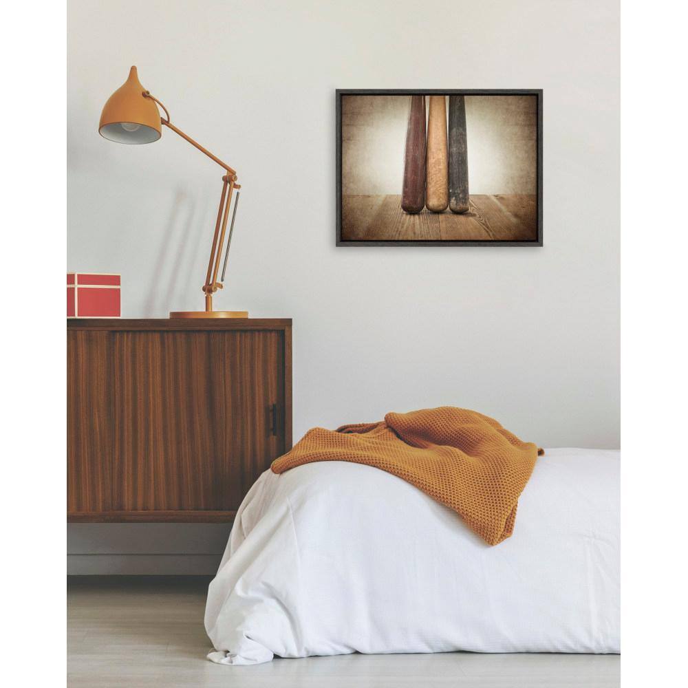 Three Vintage Bats Framed Canvas Print in Gray Woodgrain Frame