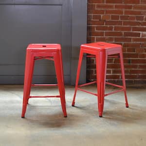 24 in. Red Metal, Backless, Stackable Bar Stool (Set of 2)