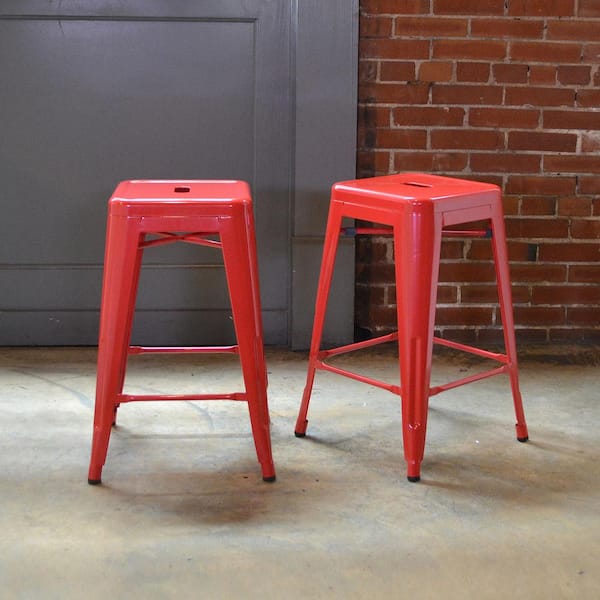 24 in. Red Metal, Backless, Stackable Bar Stool (Set of 2)