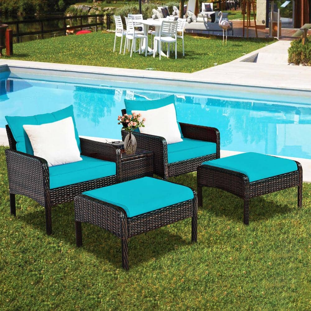 Turquoise 5-Piece Outdoor Rattan Conversation Set with Cushions