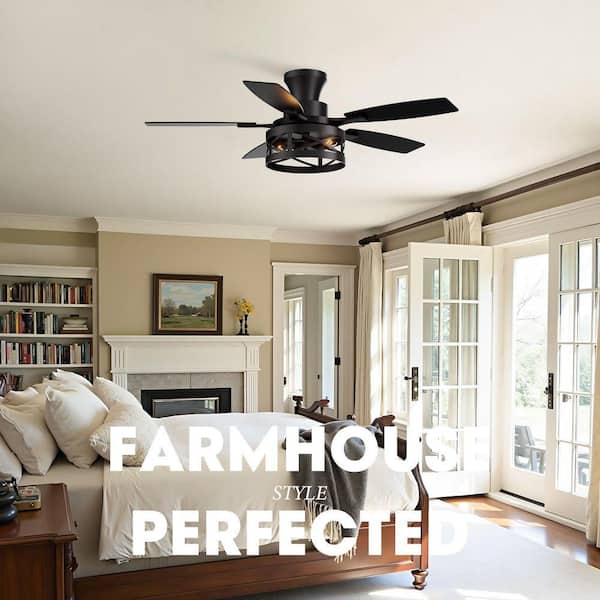 42 in. Flush Mount Farmhouse Ceiling Fan with Light Included Remote Control, Black Fan for Bedroom, Living Room, Patio