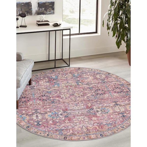Nostalgia Katie Pink 4 ft. Round Machine Washable Area Rug