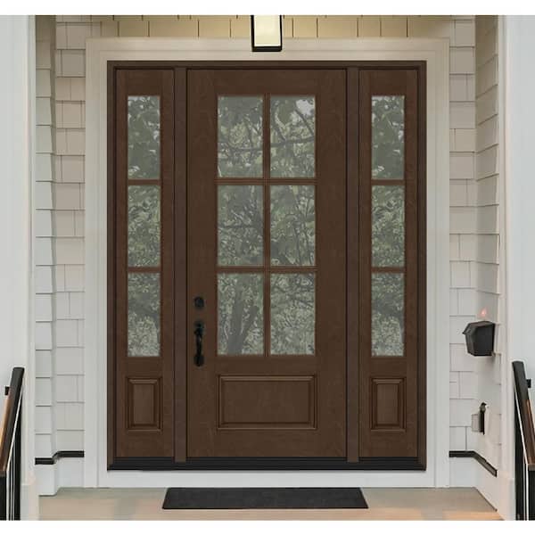 Regency 64 in. x 96 in. 3/4-6 Lite Clear Glass RH Hickory Stain Mahogany Fiberglass Prehung Front Door w/Dbl 12in.SL