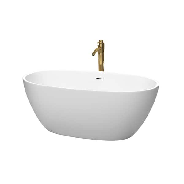 Wyndham Collection Juno 59 in. Acrylic Flatbottom Bathtub in Matte White with Shiny White Trim and Brushed Gold Faucet