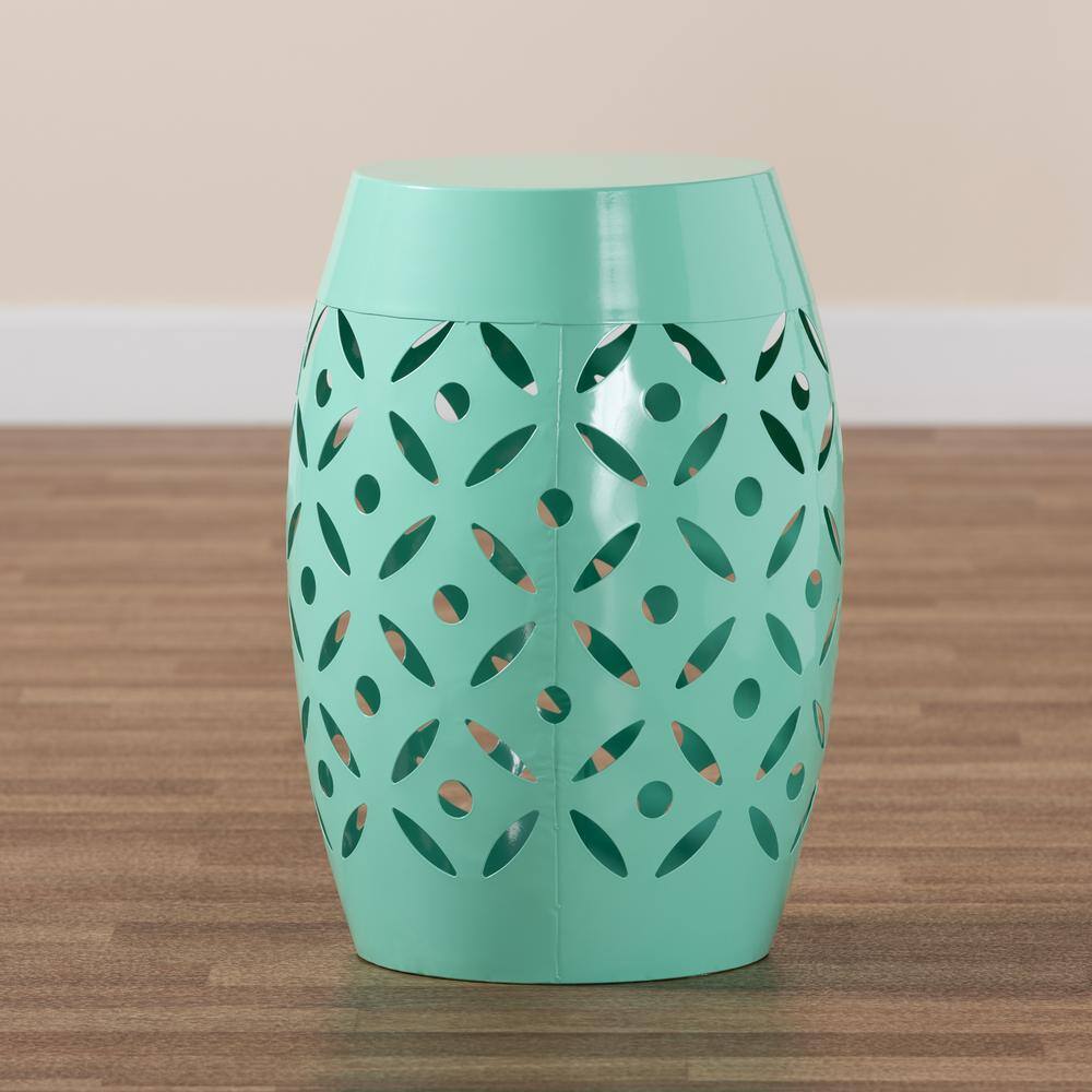 Aqua Blue Metal Barrel Outdoor Side Table with Cut-Out Design