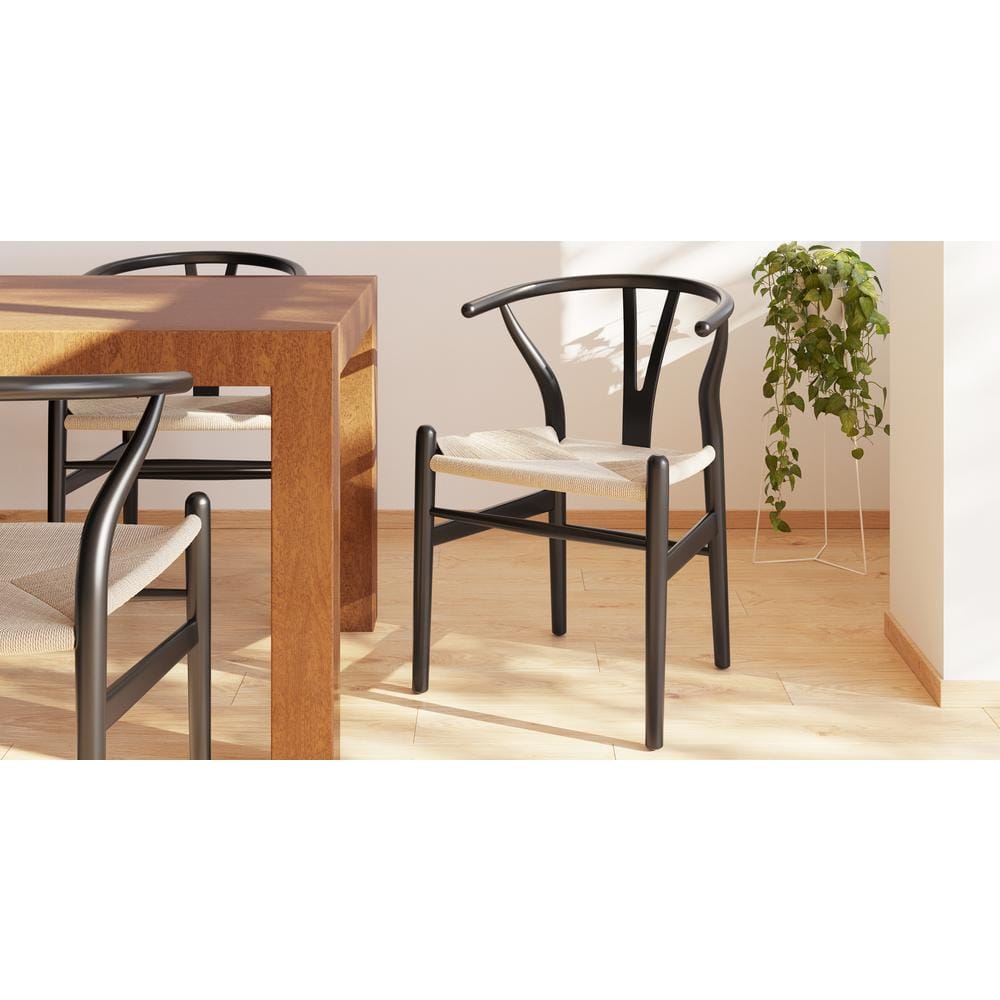 Black Wood Arm Chairs with Woven Seats, Set of 2