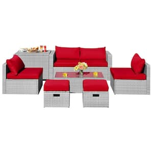 8-Piece Wicker Patio Conversation Set with Red Cushions and Storage Waterproof Cover