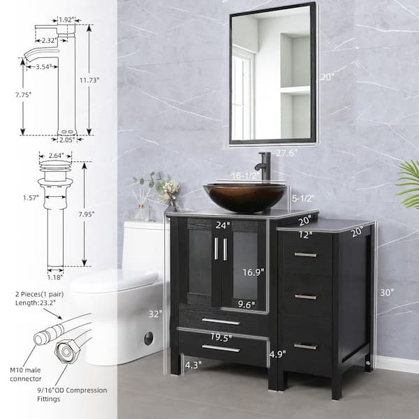 36 in. W x 20 in. D x 32 in. H Single Sink Black Bath Vanity with Brown Glass Top and ORB Faucet Drain Set