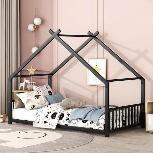 Harper & Bright Designs Black Twin Size Metal House Platform Bed, Low Bed for Kids